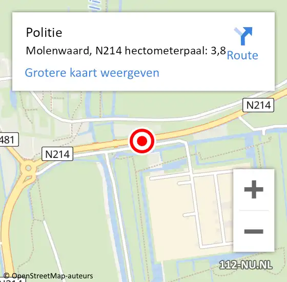 Locatie op kaart van de 112 melding: Politie Molenwaard, N214 hectometerpaal: 3,8 op 30 juli 2021 12:49