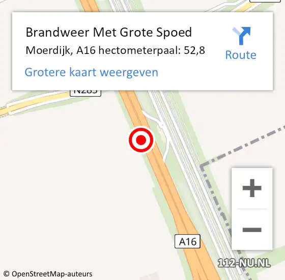 Locatie op kaart van de 112 melding: Brandweer Met Grote Spoed Naar Moerdijk, A16 hectometerpaal: 52,8 op 30 juli 2021 13:23