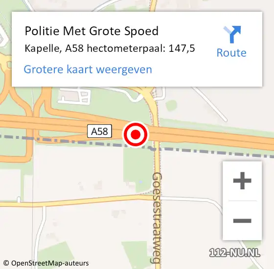 Locatie op kaart van de 112 melding: Politie Met Grote Spoed Naar Kapelle, A58 hectometerpaal: 147,5 op 30 juli 2021 16:51