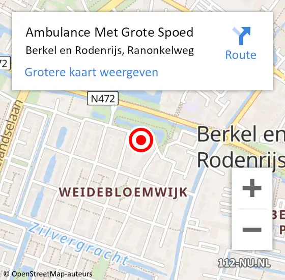 Locatie op kaart van de 112 melding: Ambulance Met Grote Spoed Naar Berkel en Rodenrijs, Ranonkelweg op 30 juli 2021 18:49