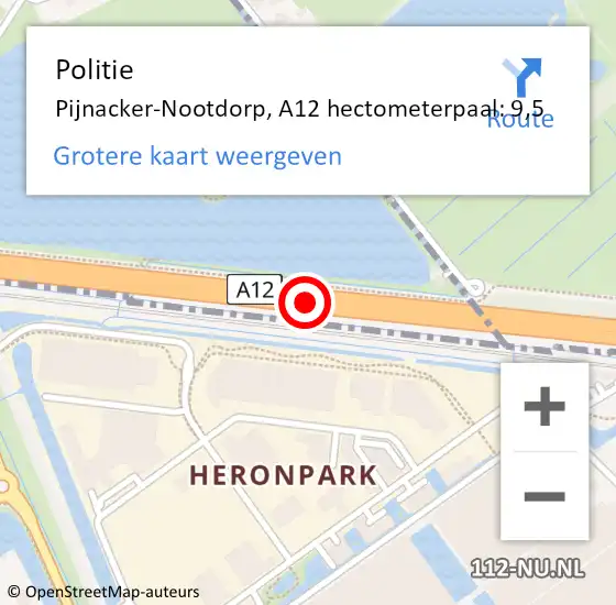 Locatie op kaart van de 112 melding: Politie Pijnacker-Nootdorp, A12 hectometerpaal: 9,5 op 30 juli 2021 20:43