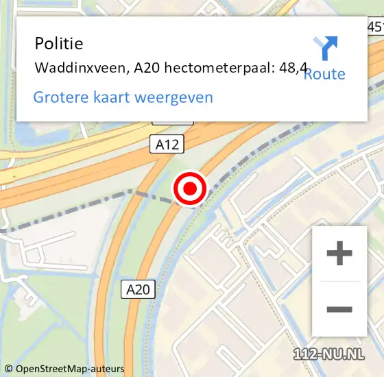 Locatie op kaart van de 112 melding: Politie Waddinxveen, A20 hectometerpaal: 48,4 op 30 juli 2021 21:01