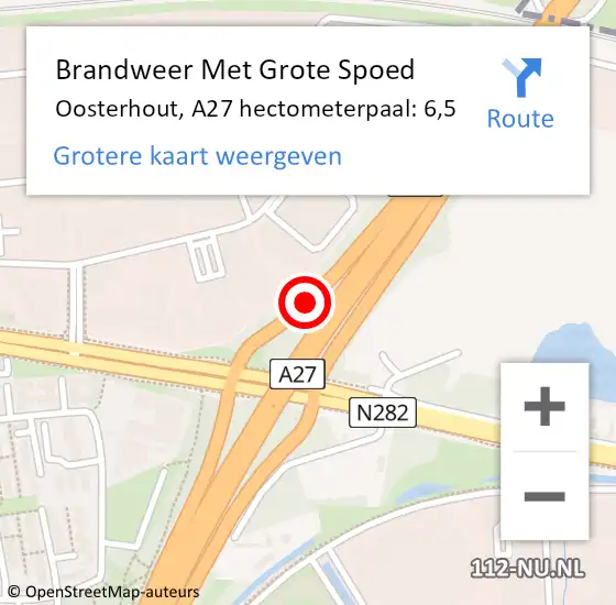 Locatie op kaart van de 112 melding: Brandweer Met Grote Spoed Naar Oosterhout, A27 hectometerpaal: 6,5 op 30 juli 2021 23:09