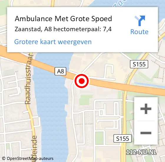 Locatie op kaart van de 112 melding: Ambulance Met Grote Spoed Naar Zaanstad, A8 hectometerpaal: 7,4 op 31 juli 2021 00:57