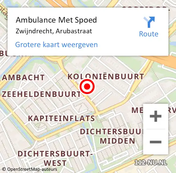 Locatie op kaart van de 112 melding: Ambulance Met Spoed Naar Zwijndrecht, Arubastraat op 31 juli 2021 01:40