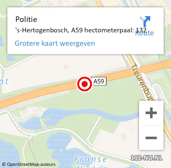 Locatie op kaart van de 112 melding: Politie 's-Hertogenbosch, A59 hectometerpaal: 132 op 31 juli 2021 07:16