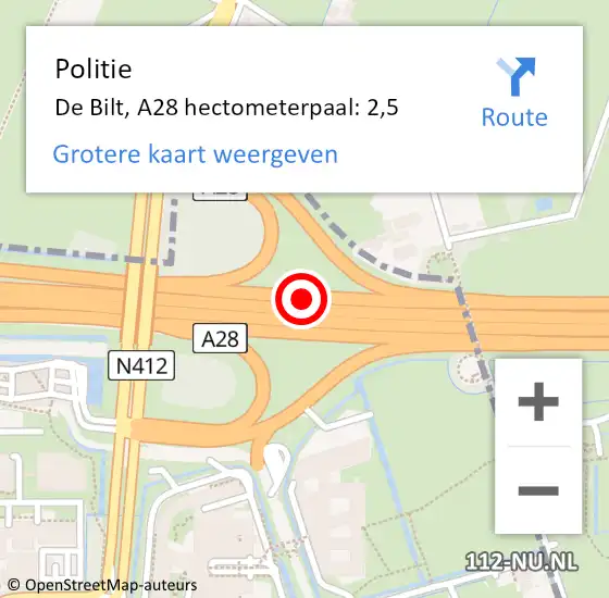 Locatie op kaart van de 112 melding: Politie De Bilt, A28 hectometerpaal: 2,5 op 31 juli 2021 09:58