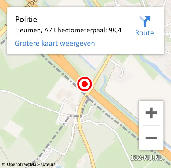 Locatie op kaart van de 112 melding: Politie Heumen, A73 hectometerpaal: 98,4 op 31 juli 2021 10:46