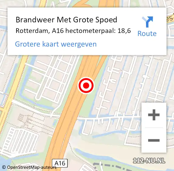 Locatie op kaart van de 112 melding: Brandweer Met Grote Spoed Naar Rotterdam, A16 hectometerpaal: 18,6 op 31 juli 2021 13:33