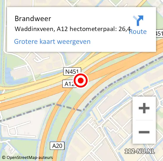 Locatie op kaart van de 112 melding: Brandweer Waddinxveen, A12 hectometerpaal: 26,4 op 31 juli 2021 13:47