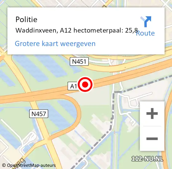 Locatie op kaart van de 112 melding: Politie Waddinxveen, A12 hectometerpaal: 25,8 op 31 juli 2021 13:47