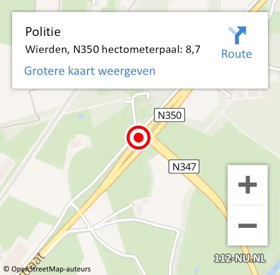 Locatie op kaart van de 112 melding: Politie Wierden, N350 hectometerpaal: 8,7 op 31 juli 2021 13:47