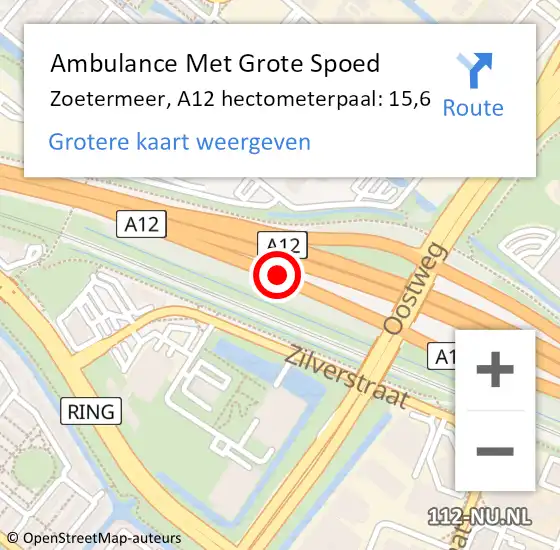 Locatie op kaart van de 112 melding: Ambulance Met Grote Spoed Naar Zoetermeer, A12 hectometerpaal: 15,6 op 31 juli 2021 15:37