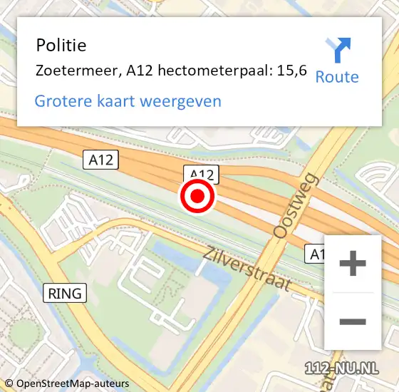 Locatie op kaart van de 112 melding: Politie Zoetermeer, A12 hectometerpaal: 15,6 op 31 juli 2021 15:38