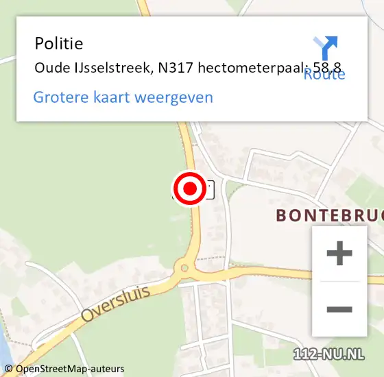 Locatie op kaart van de 112 melding: Politie Oude IJsselstreek, N317 hectometerpaal: 58,8 op 31 juli 2021 16:00