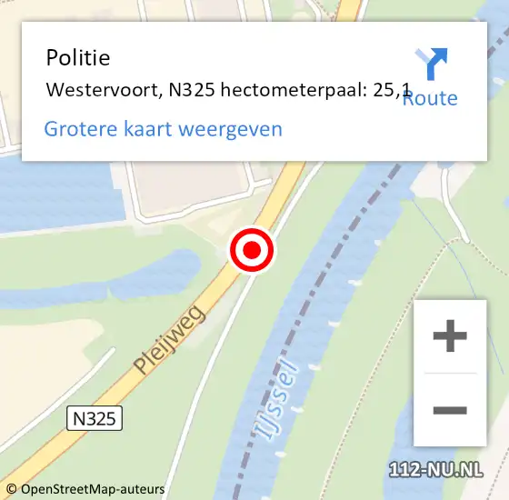 Locatie op kaart van de 112 melding: Politie Westervoort, N325 hectometerpaal: 25,1 op 31 juli 2021 16:05