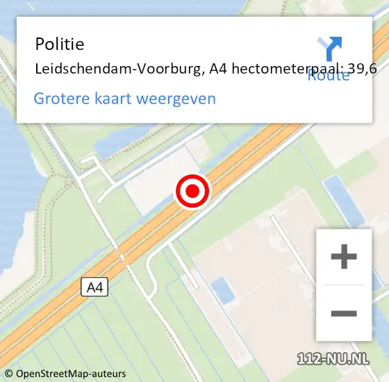 Locatie op kaart van de 112 melding: Politie Leidschendam-Voorburg, A4 hectometerpaal: 39,6 op 1 augustus 2021 06:17