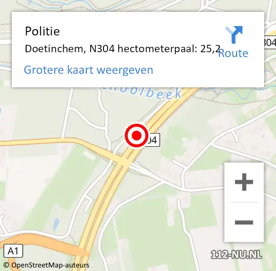 Locatie op kaart van de 112 melding: Politie Doetinchem, N304 hectometerpaal: 25,2 op 1 augustus 2021 08:16
