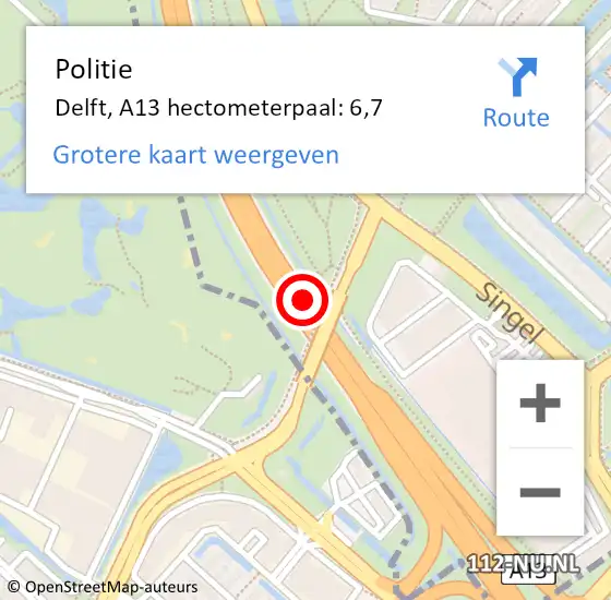 Locatie op kaart van de 112 melding: Politie Rijswijk, A13 hectometerpaal: 6,7 op 1 augustus 2021 08:46