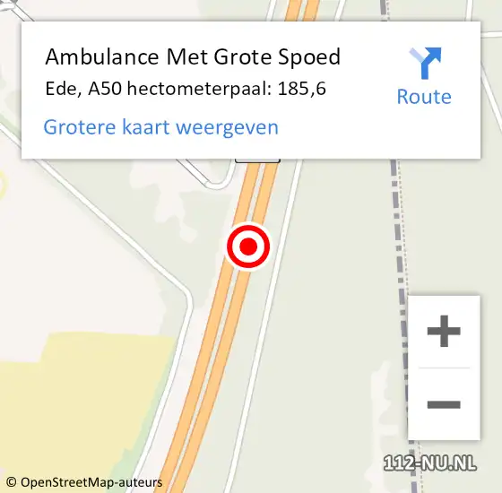 Locatie op kaart van de 112 melding: Ambulance Met Grote Spoed Naar Ede, A50 hectometerpaal: 185,6 op 1 augustus 2021 10:18