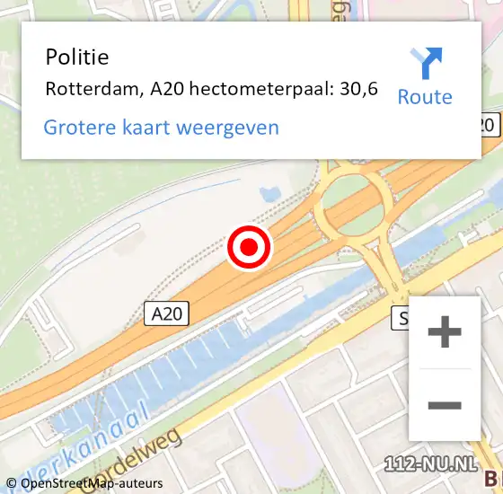 Locatie op kaart van de 112 melding: Politie Rotterdam, A20 hectometerpaal: 30,6 op 1 augustus 2021 10:26