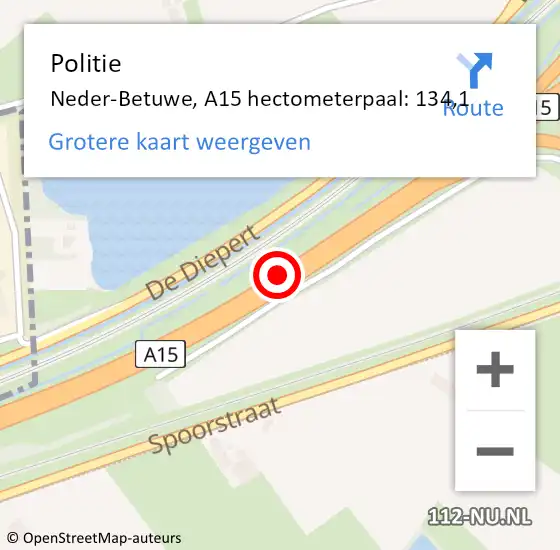 Locatie op kaart van de 112 melding: Politie Neder-Betuwe, A15 hectometerpaal: 134,1 op 1 augustus 2021 12:24