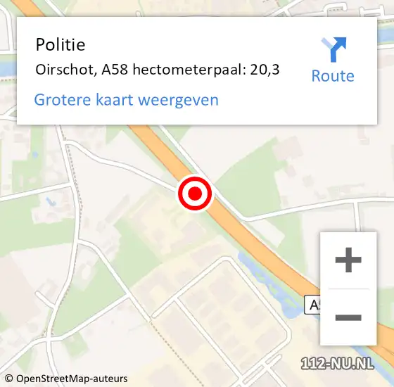Locatie op kaart van de 112 melding: Politie Oirschot, A58 hectometerpaal: 20,3 op 1 augustus 2021 14:41
