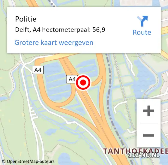 Locatie op kaart van de 112 melding: Politie Delft, A4 hectometerpaal: 56,9 op 1 augustus 2021 14:43