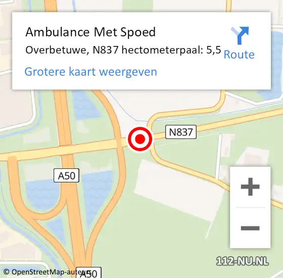 Locatie op kaart van de 112 melding: Ambulance Met Spoed Naar Overbetuwe, N837 hectometerpaal: 5,5 op 1 augustus 2021 14:49