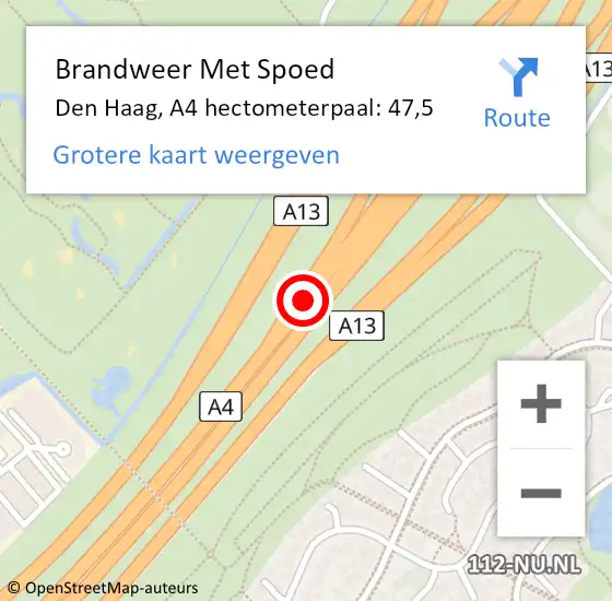 Locatie op kaart van de 112 melding: Brandweer Met Spoed Naar Den Haag, A4 hectometerpaal: 47,5 op 1 augustus 2021 15:28