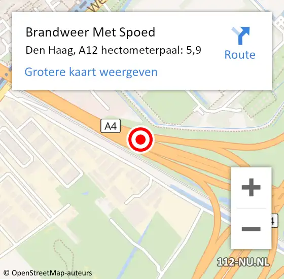 Locatie op kaart van de 112 melding: Brandweer Met Spoed Naar Den Haag, A12 hectometerpaal: 5,9 op 1 augustus 2021 15:44