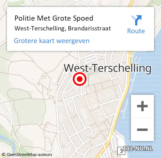 Locatie op kaart van de 112 melding: Politie Met Grote Spoed Naar West-Terschelling, Brandarisstraat op 1 augustus 2021 15:45