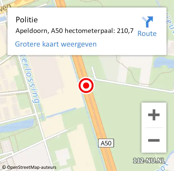 Locatie op kaart van de 112 melding: Politie Apeldoorn, A50 hectometerpaal: 210,7 op 1 augustus 2021 15:50