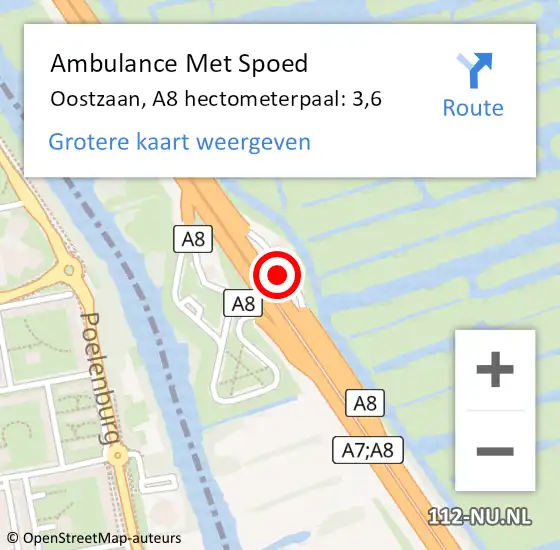 Locatie op kaart van de 112 melding: Ambulance Met Spoed Naar Oostzaan, A8 hectometerpaal: 3,6 op 1 augustus 2021 16:57
