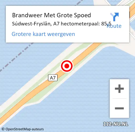 Locatie op kaart van de 112 melding: Brandweer Met Grote Spoed Naar Súdwest-Fryslân, A7 hectometerpaal: 85,5 op 1 augustus 2021 16:58
