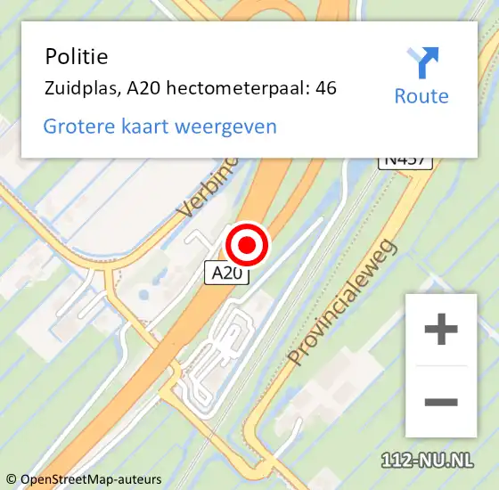 Locatie op kaart van de 112 melding: Politie Zuidplas, A20 hectometerpaal: 46 op 1 augustus 2021 17:55