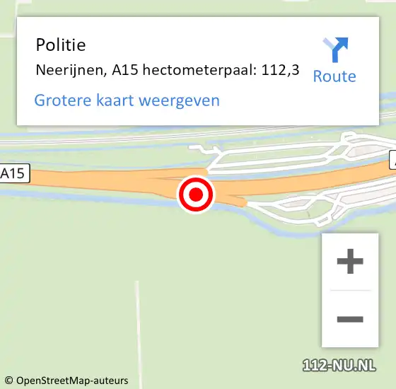 Locatie op kaart van de 112 melding: Politie Neerijnen, A15 hectometerpaal: 112,3 op 1 augustus 2021 18:54