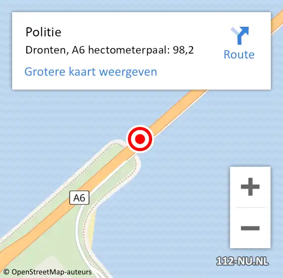 Locatie op kaart van de 112 melding: Politie Dronten, A6 hectometerpaal: 98,2 op 1 augustus 2021 19:11