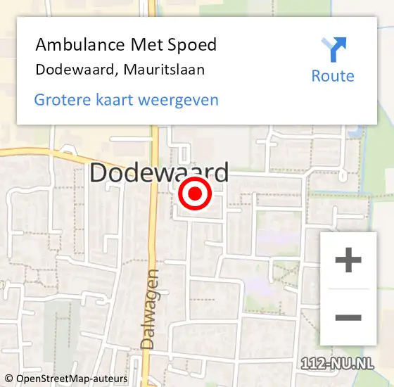 Locatie op kaart van de 112 melding: Ambulance Met Spoed Naar Dodewaard, Mauritslaan op 1 augustus 2021 21:30