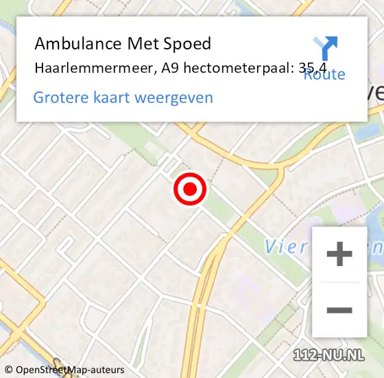 Locatie op kaart van de 112 melding: Ambulance Met Spoed Naar Haarlemmermeer, A9 hectometerpaal: 35,4 op 1 augustus 2021 21:59