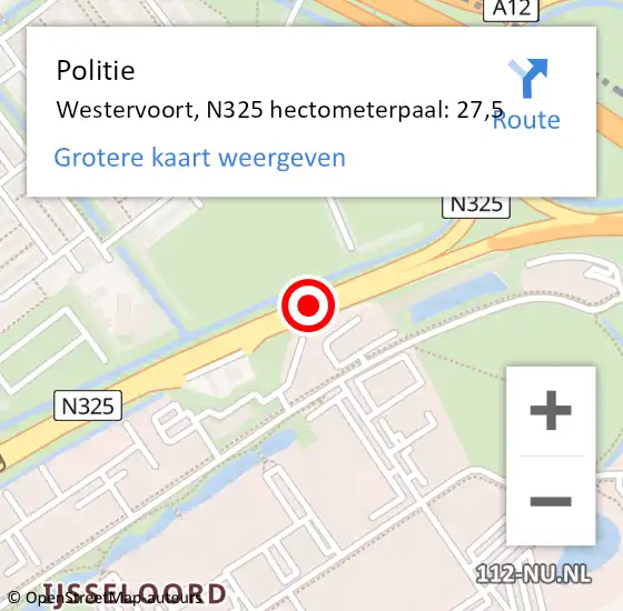 Locatie op kaart van de 112 melding: Politie Westervoort, N325 hectometerpaal: 27,5 op 2 augustus 2021 00:34