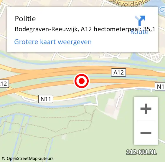 Locatie op kaart van de 112 melding: Politie Bodegraven-Reeuwijk, A12 hectometerpaal: 35,1 op 2 augustus 2021 06:48