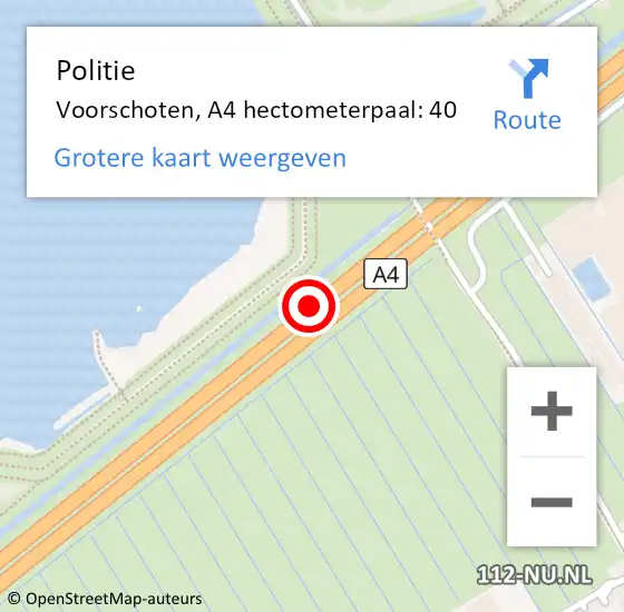 Locatie op kaart van de 112 melding: Politie Leidschendam-Voorburg, A4 hectometerpaal: 40 op 2 augustus 2021 08:04