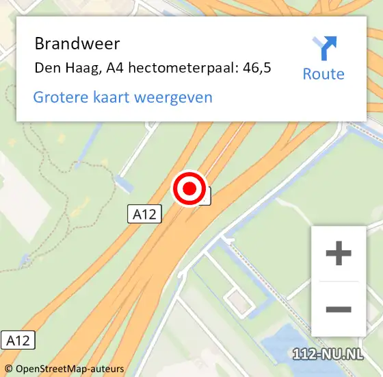 Locatie op kaart van de 112 melding: Brandweer Den Haag, A4 hectometerpaal: 46,5 op 2 augustus 2021 08:27