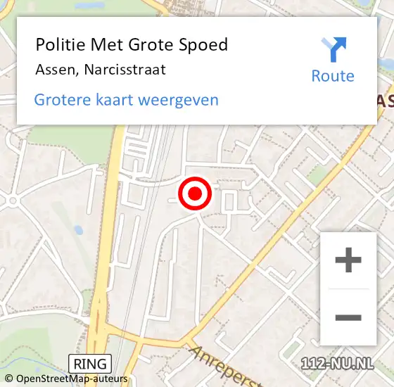 Locatie op kaart van de 112 melding: Politie Met Grote Spoed Naar Assen, Narcisstraat op 2 augustus 2021 10:38