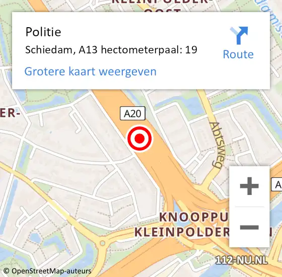 Locatie op kaart van de 112 melding: Politie Rotterdam, A13 hectometerpaal: 19 op 2 augustus 2021 12:00