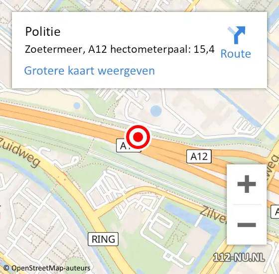 Locatie op kaart van de 112 melding: Politie Zoetermeer, A12 hectometerpaal: 15,4 op 2 augustus 2021 12:06