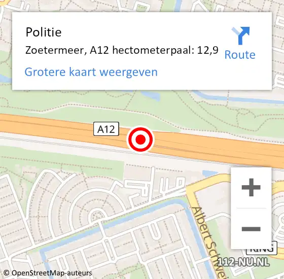 Locatie op kaart van de 112 melding: Politie Zoetermeer, A12 hectometerpaal: 12,9 op 2 augustus 2021 12:31