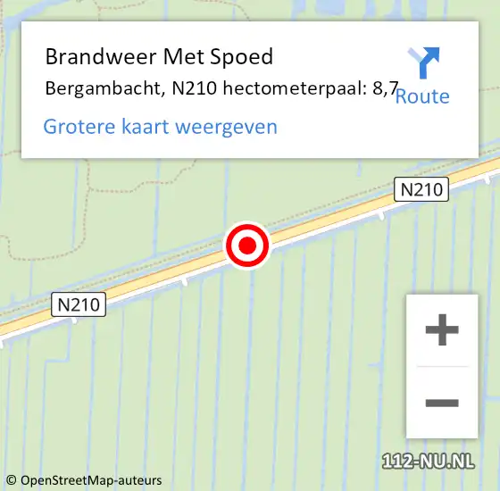 Locatie op kaart van de 112 melding: Brandweer Met Spoed Naar Bergambacht, N210 hectometerpaal: 8,7 op 2 augustus 2021 13:40