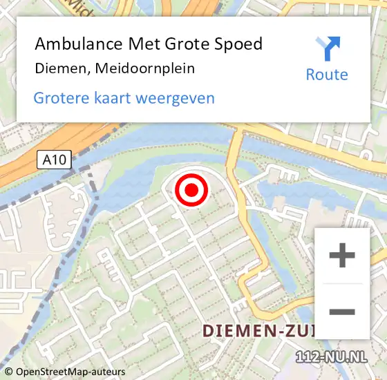 Locatie op kaart van de 112 melding: Ambulance Met Grote Spoed Naar Diemen, Meidoornplein op 2 augustus 2021 13:46